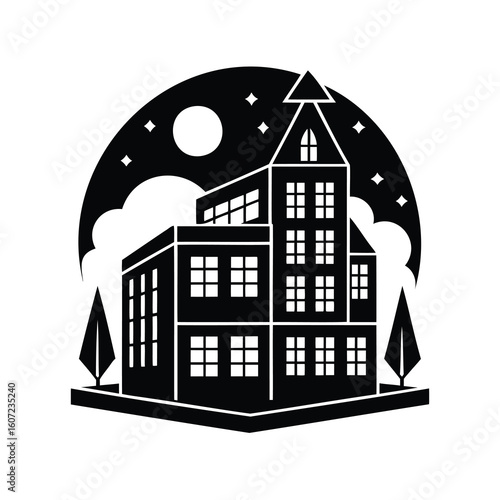 Monochrome illustration of a spooky building under the moonlight with stars