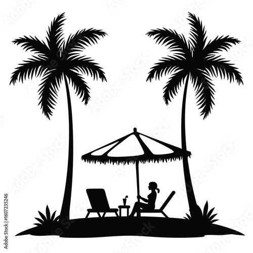 Tropical beach scene with palm trees and relaxing woman silhouette