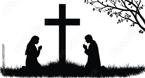 Silhouette of praying figures, large cross, spiritual unity, faith in nature, religious devotion, outdoor worship, peace, reflection, inspirational scene