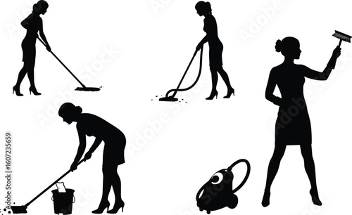 Silhouette of women cleaning, mopping, vacuuming, window washing, household chores, domestic service, hygiene, high heels, modern professional cleaning scene