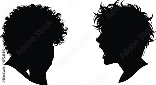 Silhouette profiles with curly and messy hair, black head shapes, artistic hairstyle contrast, textured hair design, beauty concept, isolated illustration