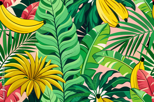 Vibrant tropical jungle scene with bananas and exotic flowers in lush greenery