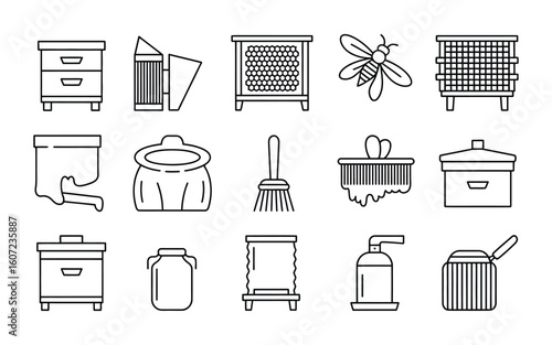 Beekeeping Tools & Apiary Line Art Vector Icon Set: Hives, Smokers, Extractors, Brushes & Bees - Honey Production Graphics