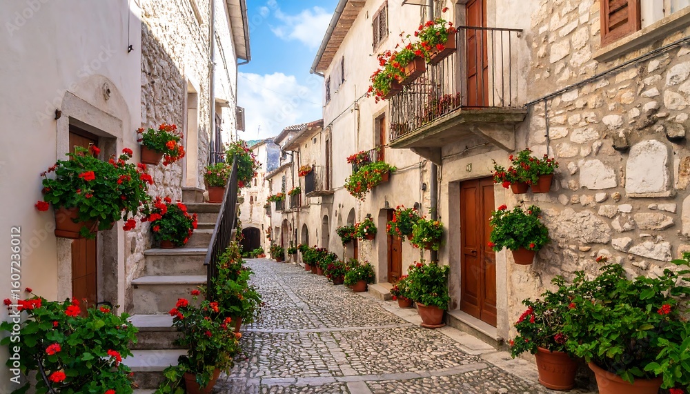 Fototapeta premium Italian village alleyway filled with flowers
