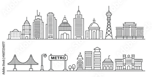 City Skyline Outline Icons: Modern Urban Landscape Vector Set for Travel, Architecture, and Business Themes. Metropolitan Line Art Collection