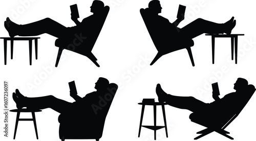Silhouettes of readers relaxing, various reclined positions, comfort furniture, cozy posture, leisure scene, modern lifestyle concept, book lovers, minimal illustration