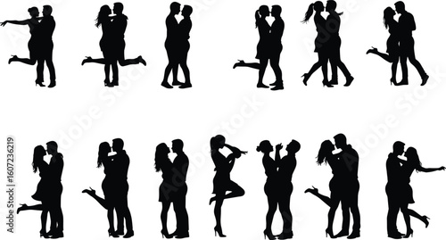 Silhouettes of romantic couples embracing, dancing, showing love and affection, emotional connection, black and white vector, intimate relationship concept
