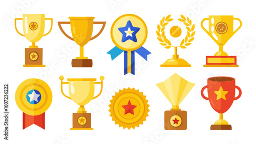 Collection of golden trophies medals and awards