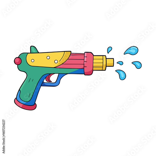 Colorful cartoon water gun shooting water droplets
