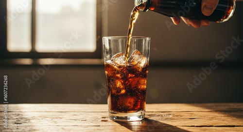 Pouring cola into an ice glass.