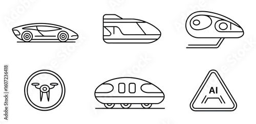 Futuristic Transportation Line Art Vector Icon Set: Modern Cars, Bullet Trains, AI Vehicles & Drones - Autonomous Tech Graphics