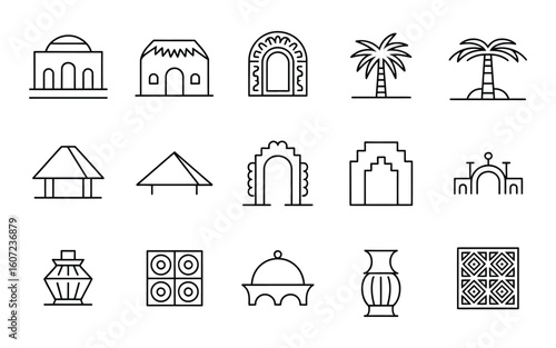 Middle Eastern & North African Architecture Line Art Vector Icon Set: Domes, Arches, Palms & Geometric Patterns - Outline Graphics