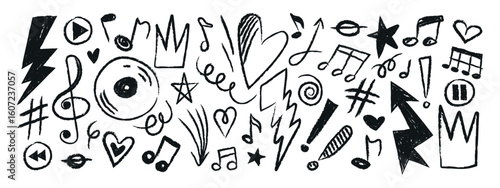 Crayon doodle set with music notes, punk lightnings, hearts, and stars. Hand-drawn graffiti-style elements and funky cute shapes for creative designs.