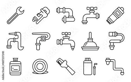 Plumbing Tools & Supplies Line Icons: Wrench, Pipe, Faucet, Hose, Plunger, Drain & Maintenance Equipment Vector Set