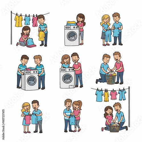 Couple doing laundry chores together at home