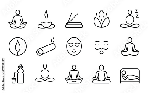 Serene Yoga & Wellness Line Art Icons for Mindfulness, Relaxation, and Self-Care. A Minimalist Vector Collection