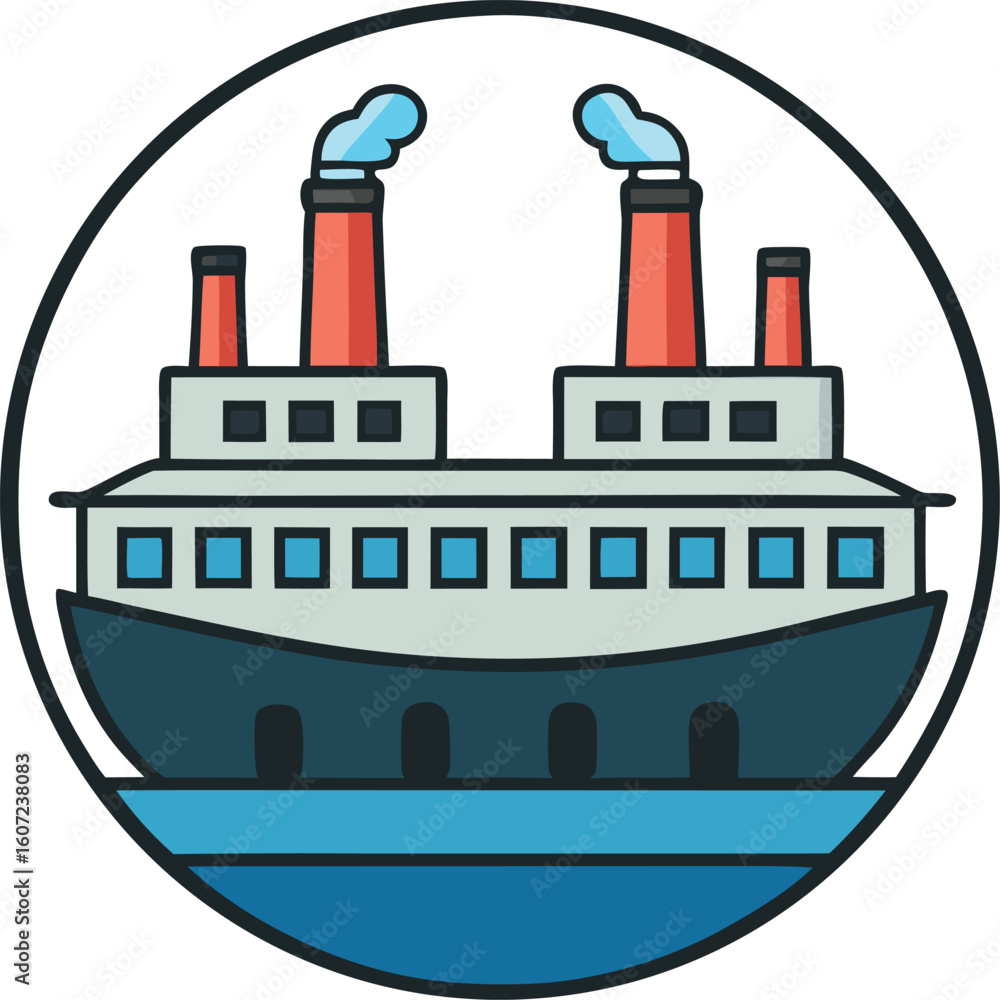 Fototapeta premium cartoon ferry boat with chimneys in a circle