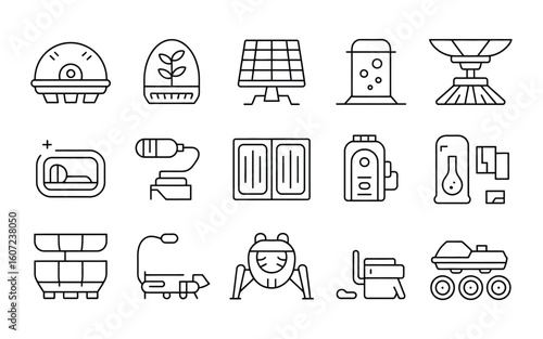 Space Colonization & Martian Habitat Outline Icons: Vector Set for Sci-Fi, Exploration, and Future Technology. Space Station Line Art