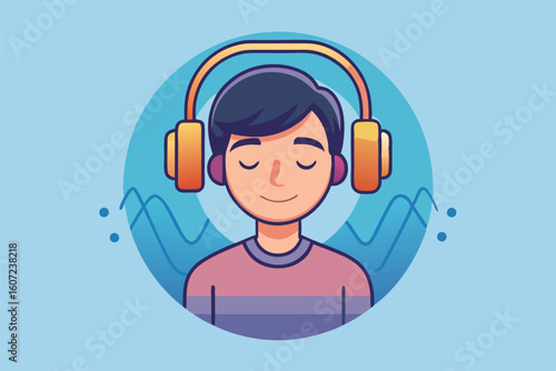 Zrelaksowany mężczyzna w słuchawkach, słuchający muzyki lub podcastu. Koncepcja relaksu, hobby i cyfrowej rozrywki.