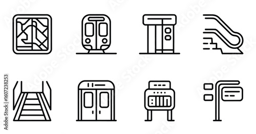 
Subway & Metro Station Line Art Vector Icon Set: Train, Map, Entrance, Escalator, Turnstile & Signage - Public Transport Graphics