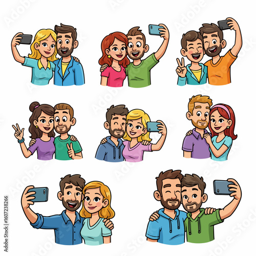 Couples taking selfies together in various poses