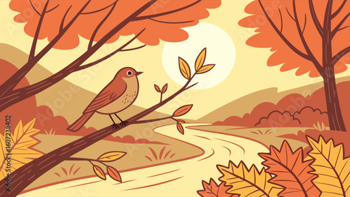 A bird perched on a branch with autumnal leaves against a landscape with a river and a bright sun