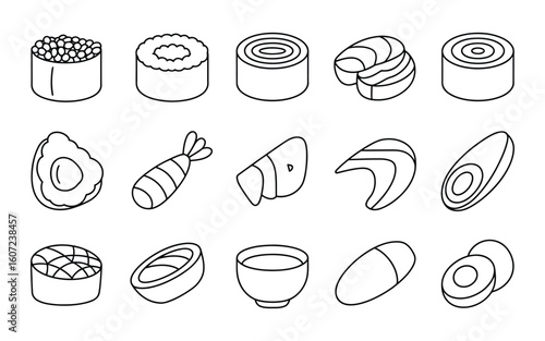 Sushi and Japanese Cuisine Line Icons: Nigiri, Maki, Sashimi, Roll, Seafood, Asian Food & Ingredients Vector Set for Menus & Design