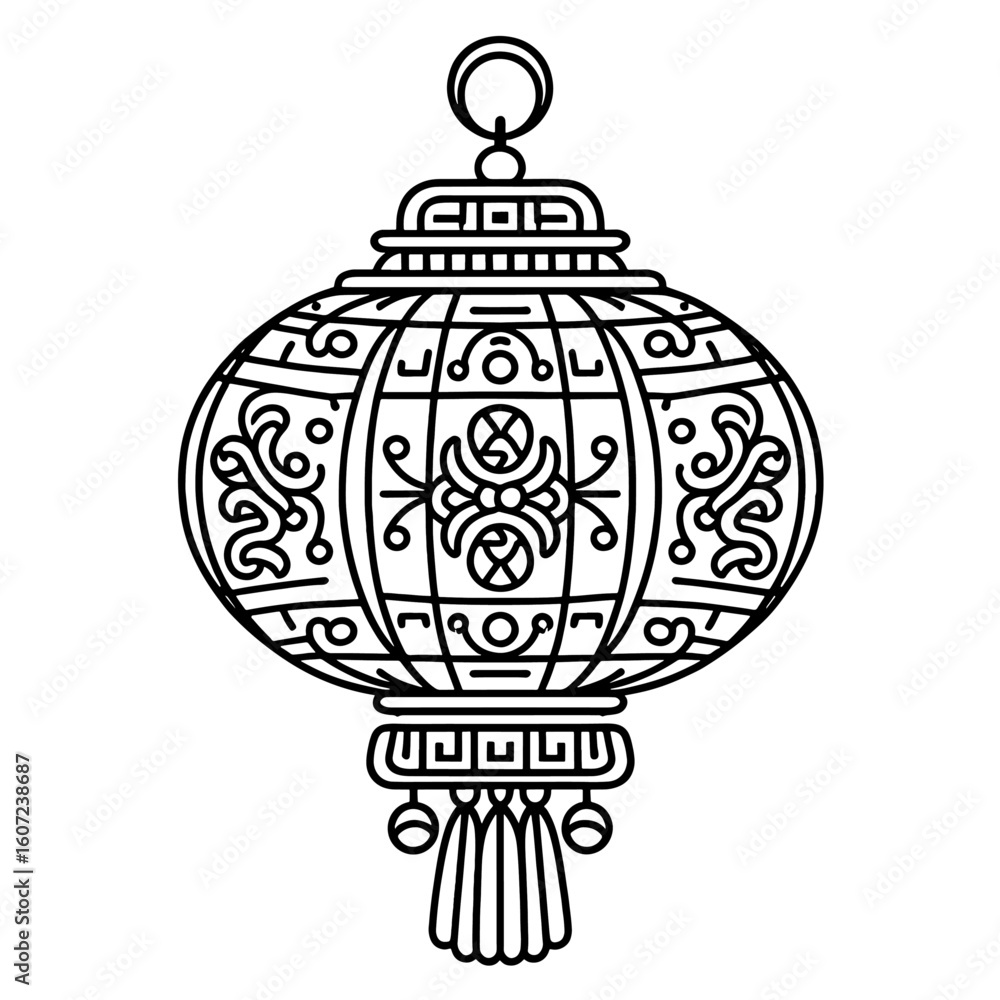 Fototapeta premium Black outline of a decorative traditional Chinese lantern with intricate patterns and tassels decoration