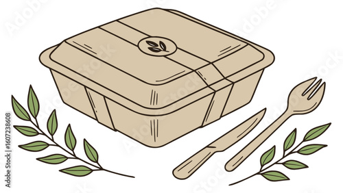 Beige takeout container with leaf logo and wooden cutlery with green leafy branches on white background