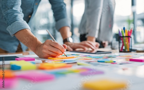 Close-up of two people sketching on colorful paper, surrounded by crayons and digital tablets in an office setting. 
