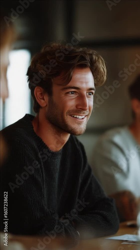 Young man smiling at camera, relaxed atmosphere