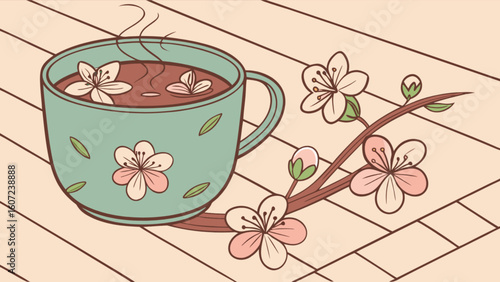 Illustration of a teacup filled with tea and cherry blossoms on a wooden surface in soft colors
