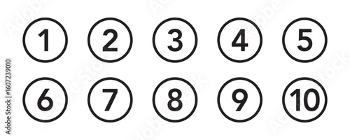 Bullet Points icon set in line style, Simple round numbers in flat style, Set of 1-10 numbers simple black symbol sign for apps, UI, and website, vector illustration.
