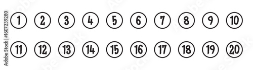 Bullet Points icon set in line style, Simple round numbers in flat style, Set of 1-20 numbers simple black symbol sign for apps, UI, and website, vector illustration.