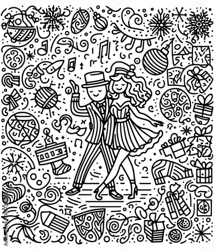 Dancing Couple Silhouette with New Year's Eve Confetti Pattern vector