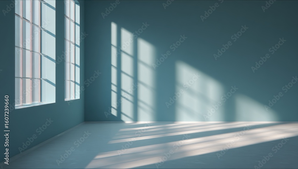 Obraz premium Sunlight casts shadows on a light teal interior space.