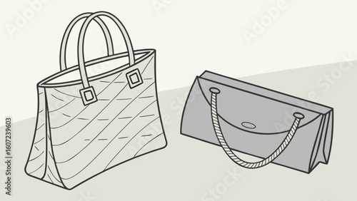 Two different style bags one is a tote bag and the other is a clutch bag with rope handle design