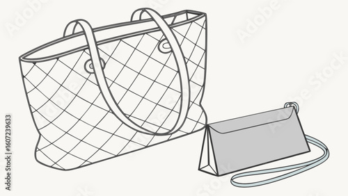 Quilted tote bag with handles and a small envelope purse with a strap illustration drawing