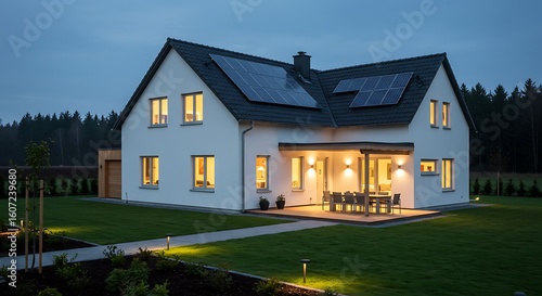 Modern house with solar panels at dusk with illuminated lawn