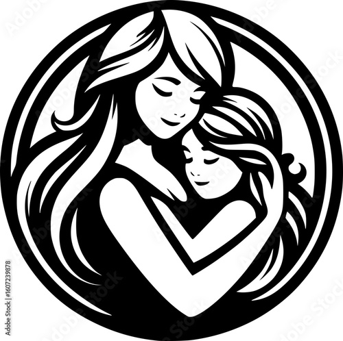Minimalist black and white vector icon of a mother hugging her daughter. Clean, modern lines. Perfect for logos, stickers, or digital use.