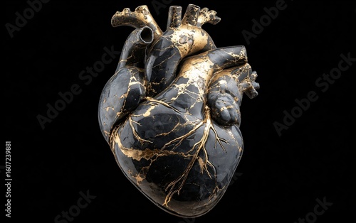 A heart made of black marble with golden veins, set against an all-black background. The texture is detailed and realistic, 