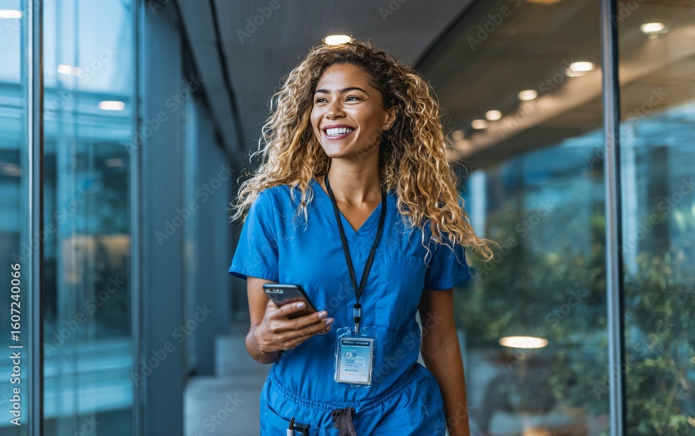 © Korkiat - A nurse smiling while holding her phone in front of the hospital, wearing blue scrubs and curly hair . © Korkiat - A nurse smiling while holding her phone in front of the hospital, wearing blue scrubs and curly hair .