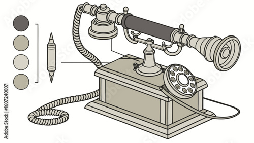 Illustration of an antique candlestick telephone with rotary dial and color palette on the side