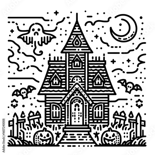 Spooky Haunted House Silhouette with Halloween Pattern on White Background scary