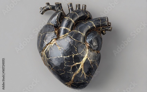A heart made of black marble with golden veins, symbolizing the body's healthy movement and vitality,