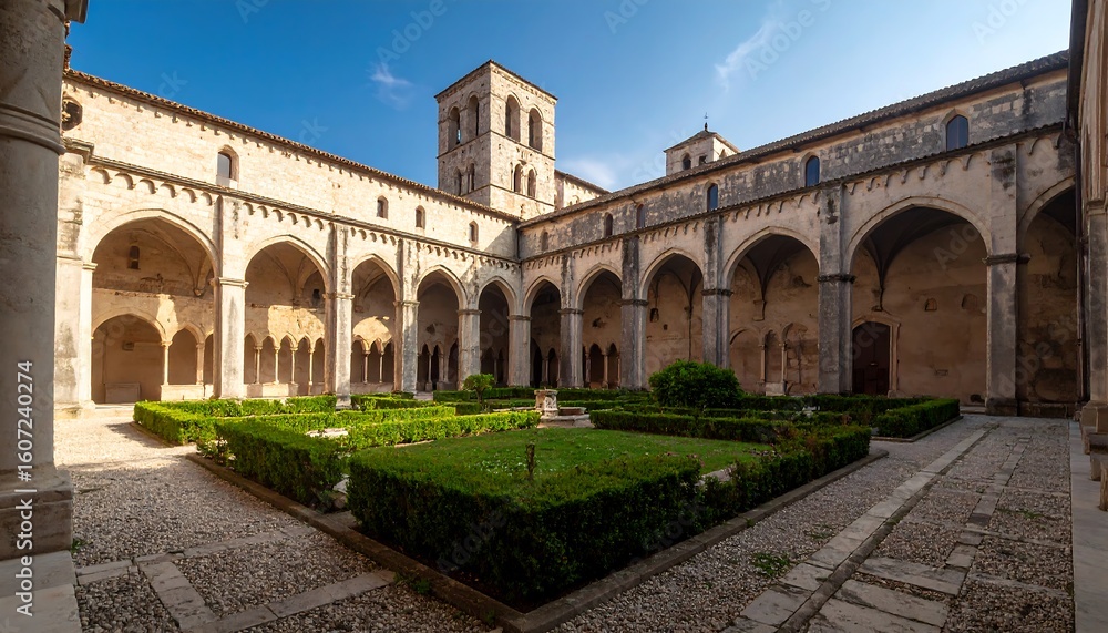 Fototapeta premium Ancient monastery courtyard under a clear sky