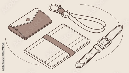 Illustration of a wallet, passport holder, keychain, and watch strap arranged together on a surface