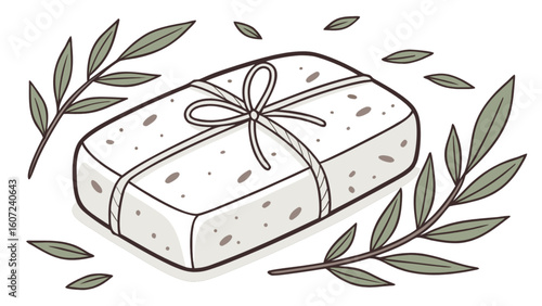 A rectangular gift wrapped with string and a bow surrounded by olive branches and scattered leaves