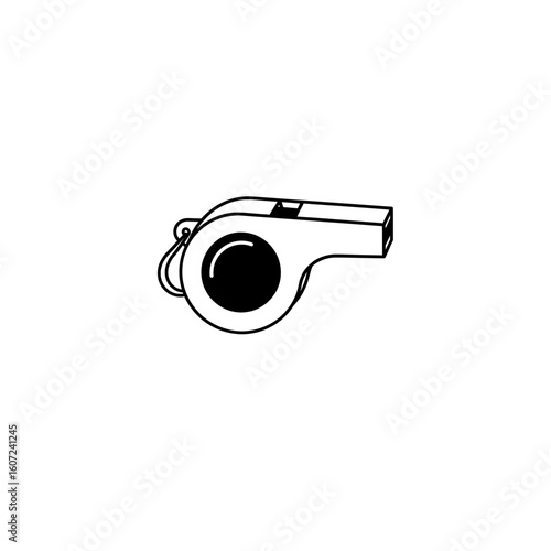 Simple black and white icon of a referee whistle used in sports officiating and game control.