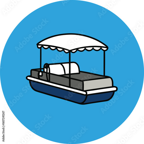 cartoon pontoon boat with canopy in a circle